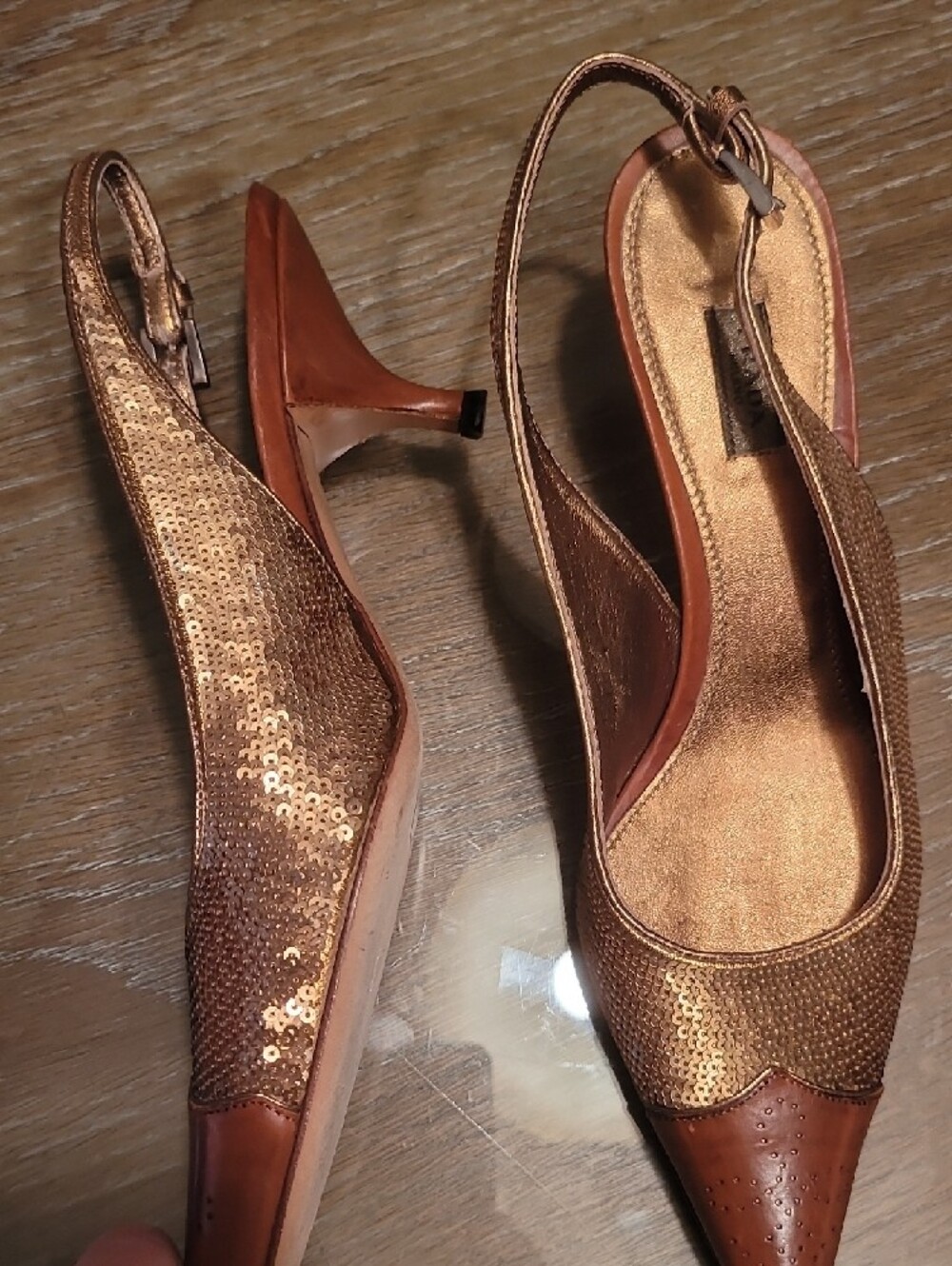 Prada Metallic Bronze Pointed Kitten Heel Slingback Heels - Picture 3 of 10